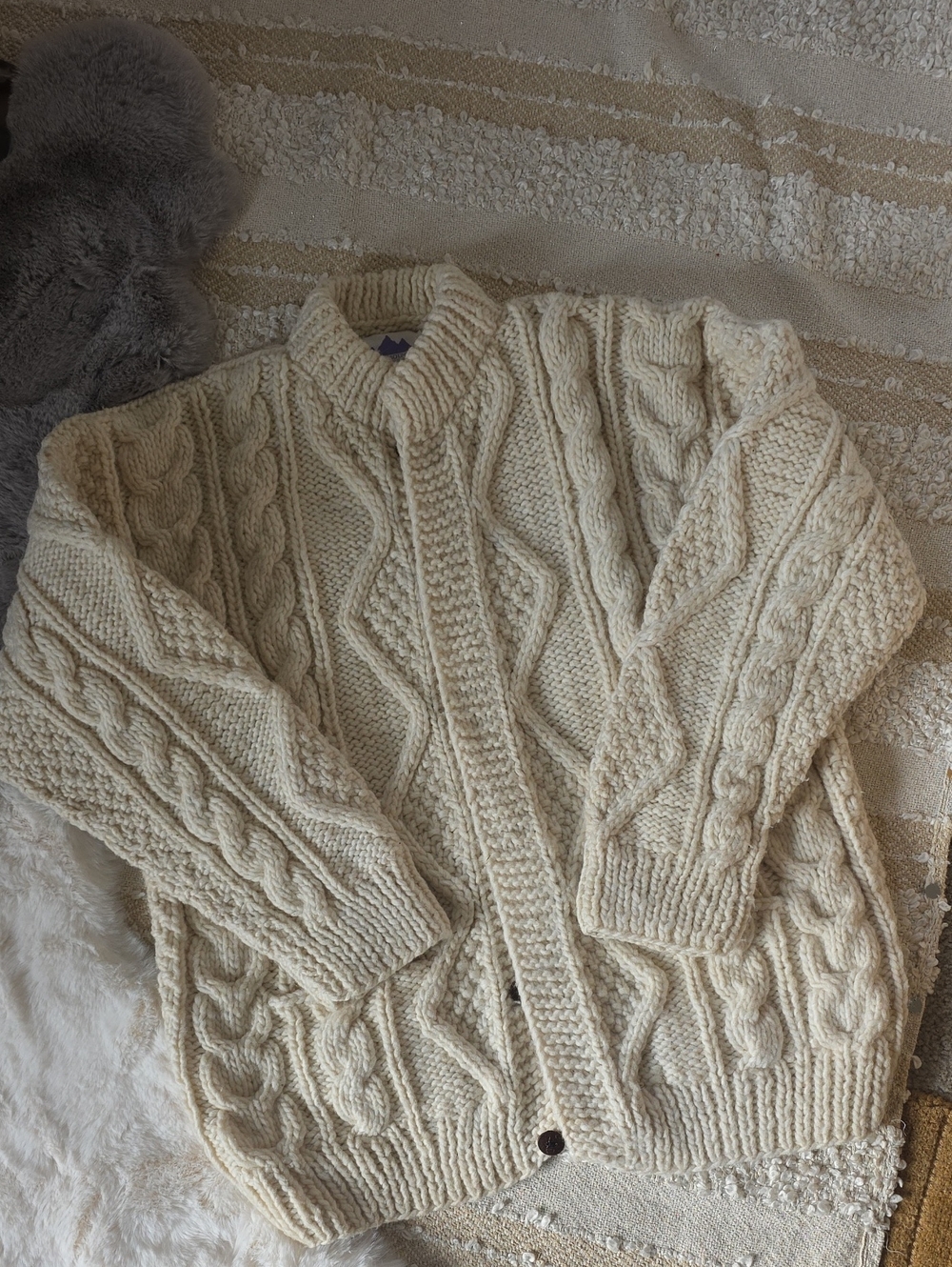 Chunky Cable Hand Knit Wool Cardigan Ivory Cream Wood Button Unisex Sweater